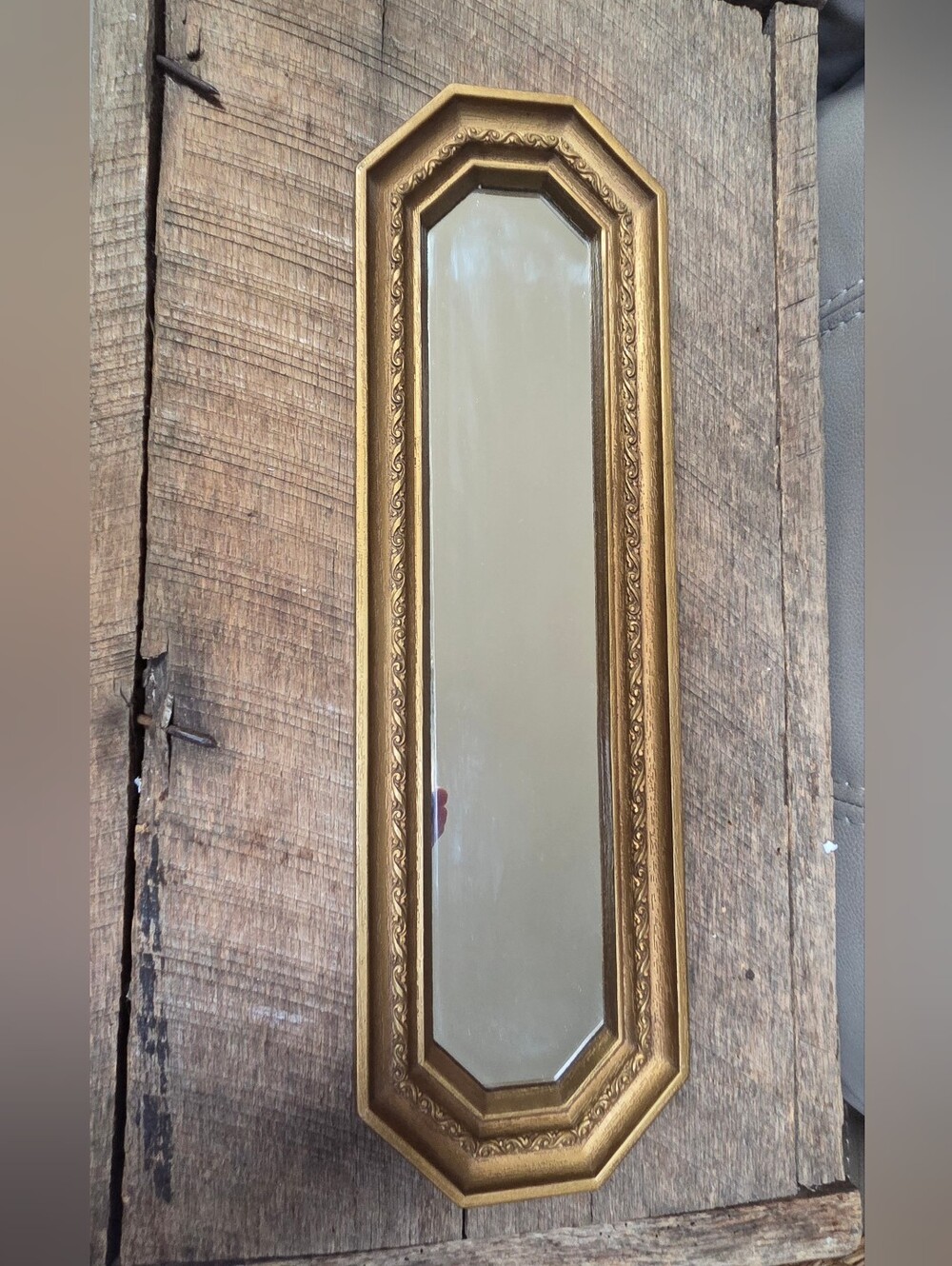 Vintage MCM Homco Gold Faux Wood Octagon Accent Mirror Hollywood ~ Bin 1N